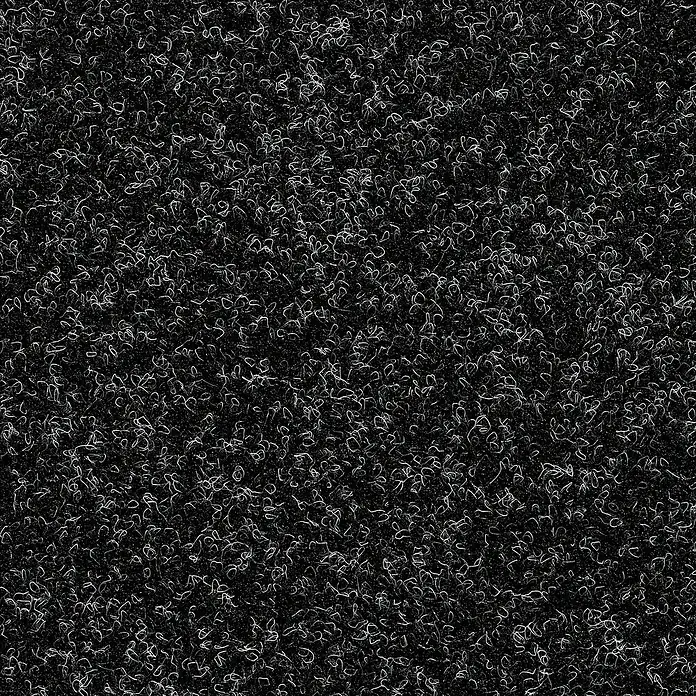 Teppichfliese Rally - Nadelfilz, 100 % Polypropylen, Anthrazit - Detailaufnahme eines schwarzen Teppichs mit einer feinen, hellen Musterung, die eine interessante Textur und Optik erzeugt.
