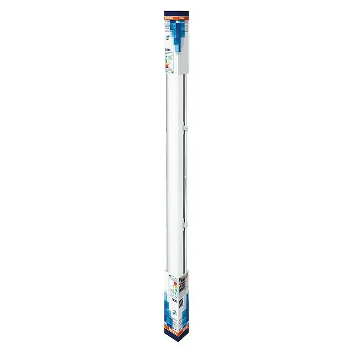 Osram LED-Feuchtraumlichtleiste Submarine - L x B x H: 120,6 x 6,7 x 7,5 cm, Lichtfarbe: Neutralweiß, 15 W, IP65 - Das Bild zeigt eine lange, schlanke OSRAM LED-Röhre in ihrer Verpackung, die für eine helle und energieeffiziente Beleuchtungslösung steht.