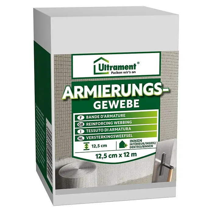 Ultrament Armierungsgewebe - 12 m x 12,5 cm - Produktverpackung Ultrament Armierungsgewebe 12,5 cm x 12 m, für Innenräume, zur Verstärkung von Putz und Spachtelmassen.