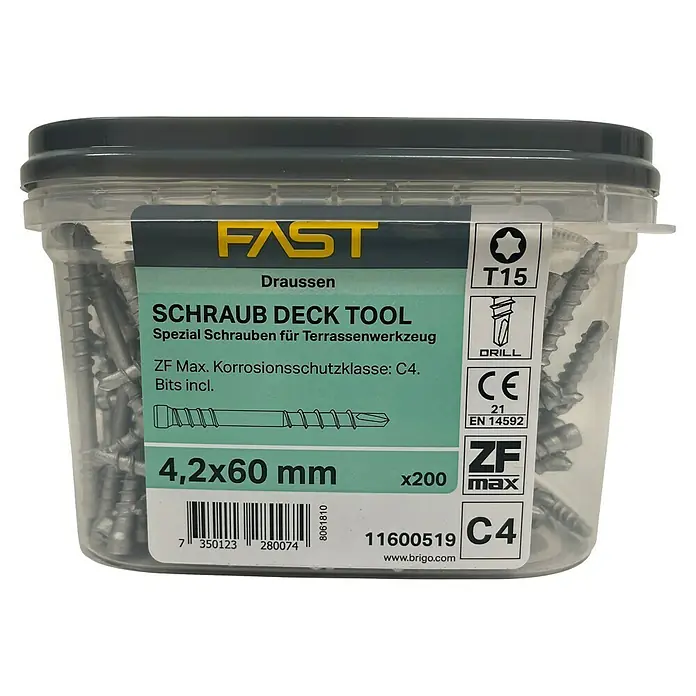 Fast Terrassenschraube - Ø x L: 4,2 x 60 mm, Stahl - Dose mit FAST Schraub Deck Tool Terrassenschrauben 4,2x60 mm, 200 Stück, für den Außenbereich mit Korrosionsschutzklasse C4.