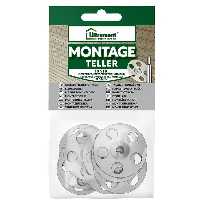 Ultrament Montagezubehör für Trockenbau10 Stk. - Montage Teller: Eine Packung mit 10 Stück Montagetellern, ideal für Befestigungsarbeiten.
