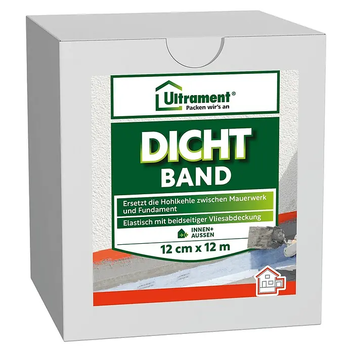 Ultrament Dichtband - 12 m, Beidseitig vliesbeschichtet - Verpackung von Ultrament Dichtband: Elastisches Dichtungsband zur Abdichtung von Fugen zwischen Mauerwerk und Fundament, 12 cm x 12 m.