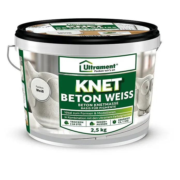 Ultrament Beton-Knetmasse Knet Beton Weiss - Weiss, 2,5 kg - Dose KNET Beton Weiss von Ultrament mit dem Aufdruck der Produktinformationen und zwei Betonfiguren.