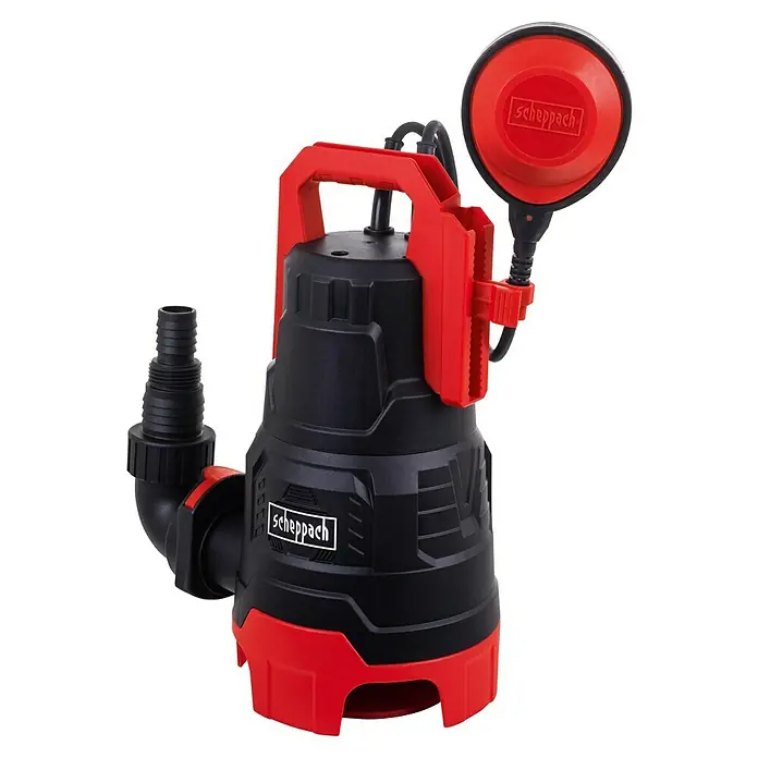 Scheppach Schmutzwasserpumpe DWP 400 - 400 W, Max. Fördermenge: 9.000 l/h, Eintauchtiefe: 7 m - Das Bild zeigt eine Scheppach Tauchpumpe in Schwarz und Rot. Sie ist mit einem Schwimmerschalter ausgestattet, der den Betrieb automatisch steuert.