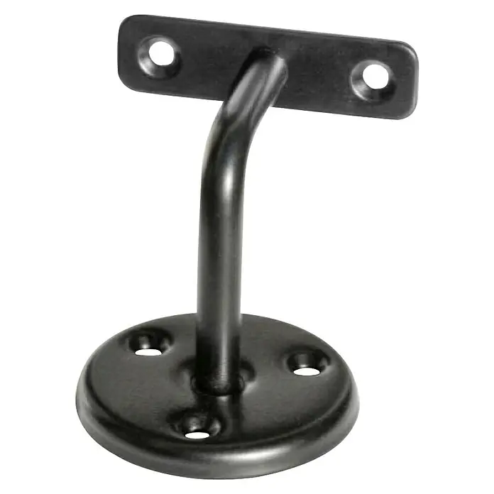 Vormann Soporte para pasamanos - Diámetro: 64 mm, Ángulo: 90 °, Negro, Aluminio - Primer plano de un soporte de pasamanos negro con base redonda y placa de montaje, ideal para barandillas de escaleras.