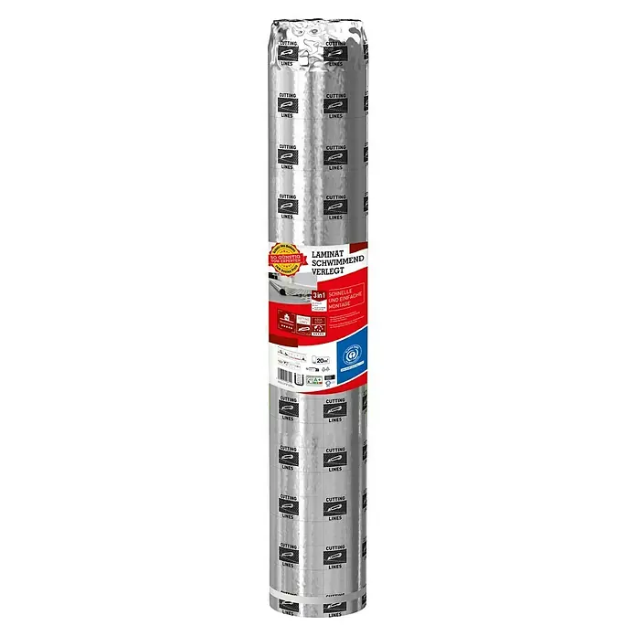 Dämmunterlage XPS Light Aquastop - 20 m², Stärke: 1,6 mm - Bild einer Rolle Laminatunterlage, die mit "Cutting Lines"-Markierungen und Produktinformationen versehen ist.