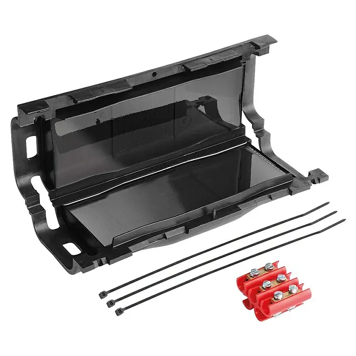 RayTech Gelmuffe Superclick 2 - 5×16mm² max. Ø 30mm - Produktbild einer schwarzen Kabelrinne mit dazugehörigen Montageteilen, ideal für eine ordentliche und sichere Kabelführung.