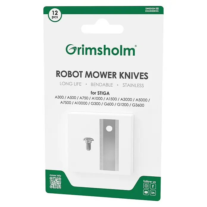 Grimsholm Green Ersatzmesser-Set für Mähroboter - Stiga Mähroboter der A- und B-Serie, 12 Stk. - Bild einer Grimsholm-Packung mit 12 Robotermähmessern, passend für Stiga-Modelle, langlebig, biegbar und aus Edelstahl.