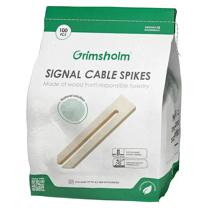 Grimsholm Green Erdspieß für Mähroboter - Gängige Signalkabel, 100 Stk. - Bild einer Packung Grimsholm Signal Kabelspikes aus Holz für verantwortungsvolle Forstwirtschaft, 100 Stück, geeignet für Draht bis 4,2 mm Durchmesser.