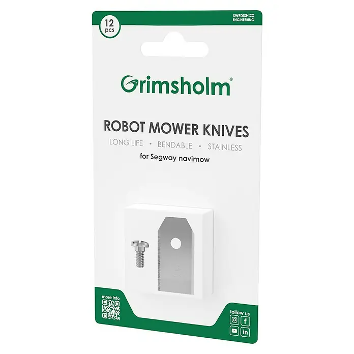 Grimsholm Green Ersatzmesser-Set für Mähroboter - Segway Mähroboter Navimow i105E, 12 Stk. - Bild einer Packung Grimsholm Robotermähermesser mit Schraube. Sie sind langlebig, biegbar und aus Edelstahl.