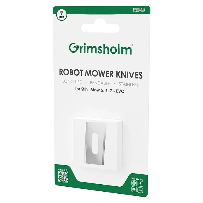 Grimsholm Green Ersatzmesser-Set für Mähroboter - Stihl Mähroboter IMOW5-7,EVO,DISC-CUT, 9 Stk. - Abbildung der Grimsholm Robotermähermesser. Das Set enthält 9 langlebige, biegsame Edelstahlmesser für Stihl iMow 5, 6, 7 - EVO.