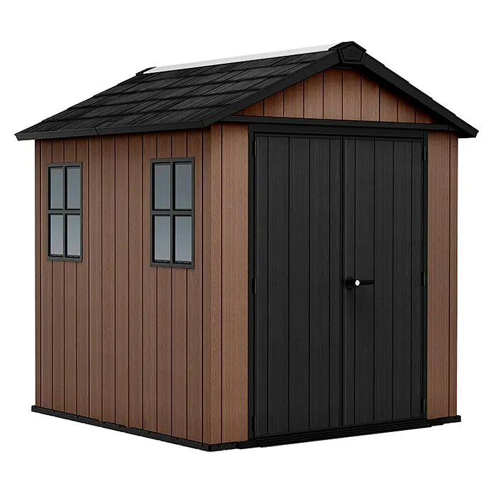 Keter Caseta de jardín Newton Plus 759-975 - Medidas ext. (An x Pr): 287 x 230 cm, Plástico, Marrón/Negro, 5,25 m² - Caseta de jardín con doble puerta y dos ventanas. La caseta tiene un techo oscuro y paredes marrones, perfecta para el almacenamiento en el jardín.