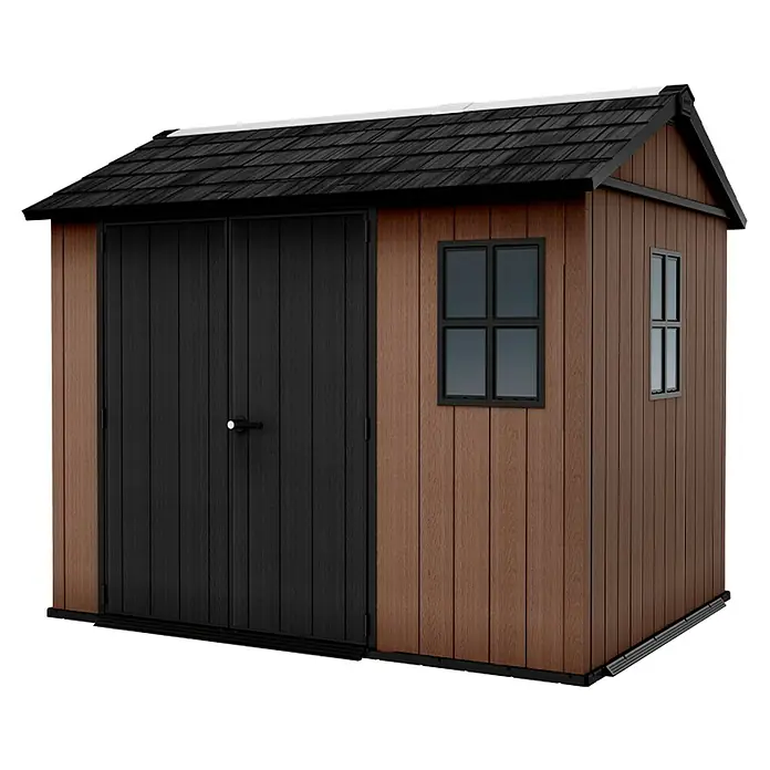 Keter Caseta de jardín Newton Plus 759-975 - Medidas ext. (An x Pr): 287 x 230 cm, Plástico, Marrón/Negro, 5,25 m² - Imagen de un cobertizo de almacenamiento con puertas dobles, ventanas y un techo a dos aguas negro, perfecto para almacenamiento exterior.