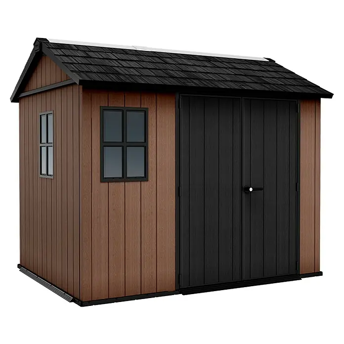Keter Caseta de jardín Newton Plus 759-975 - Medidas ext. (An x Pr): 287 x 230 cm, Plástico, Marrón/Negro, 5,25 m² - Imagen de una caseta de jardín marrón con techo y puertas negras, que ofrece un práctico almacenamiento exterior.
