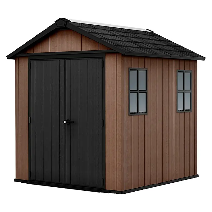 Keter Caseta de jardín Newton Plus 759-975 - Medidas ext. (An x Pr): 287 x 230 cm, Plástico, Marrón/Negro, 5,25 m² - Caseta de jardín espaciosa de plástico con puertas dobles y ventanas, ideal para almacenamiento.