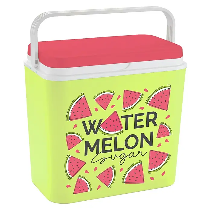 Kühlbox - L x B x H: 40 x 22,5 x 39 cm, Gelb, 24 l - Hellgrüne Kühlbox mit rotem Deckel, weißem Griff und Wassermelonen-Design mit Text "WATER MELON SUGAR".