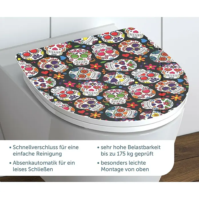 Schütte WC-Sitz Crazy Skull - Duroplast, Bunt, Mit Absenkautomatik - WC-Sitz mit farbenfrohem Totenkopf-Design, ideal für Halloween oder den Tag der Toten. Schnellverschluss und Absenkautomatik für Komfort.