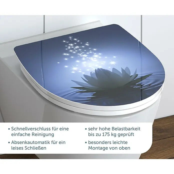 Schütte WC-Sitz Water Lily - Duroplast, Blau, Mit Absenkautomatik - WC-Sitz mit Lotusblüten-Design. Der Toilettendeckel hat eine sanfte Absenkautomatik für leises Schließen und ist leicht zu reinigen.