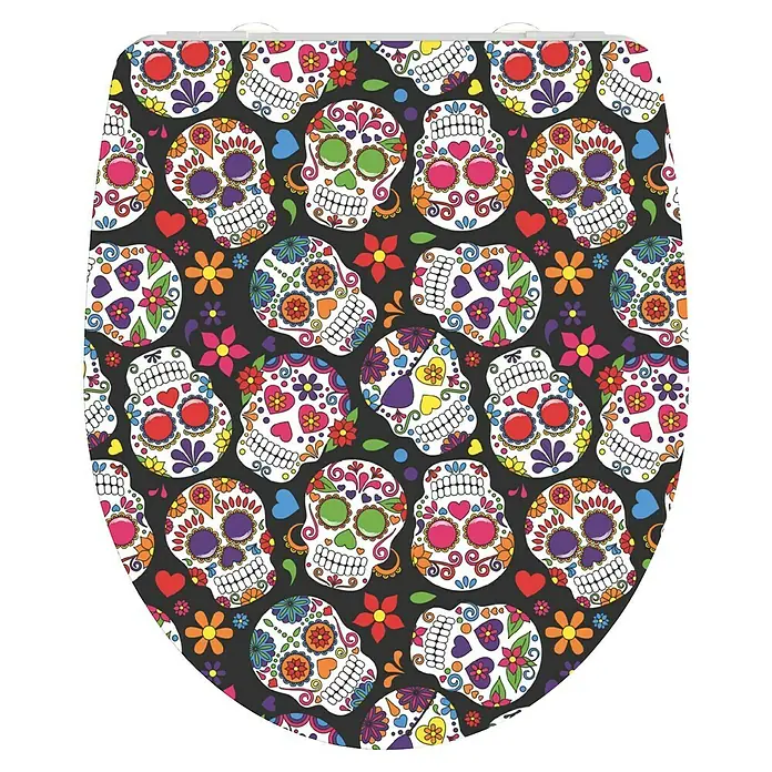 Schütte WC-Sitz Crazy Skull - Duroplast, Bunt, Mit Absenkautomatik - Eine Tischdecke mit buntem, wiederholtem Totenkopfmuster für eine festliche und farbenfrohe Tischdekoration. Perfekt für Partys und Dekorationen.