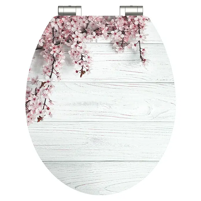 Schütte WC-Sitz Flowers and Wood - MDF, Grau/Rosa, Mit Absenkautomatik - Toilettensitz mit einem Dekor aus weißen Holzplanken und zarten rosa Blütenzweigen für ein frisches und elegantes Badezimmerambiente.