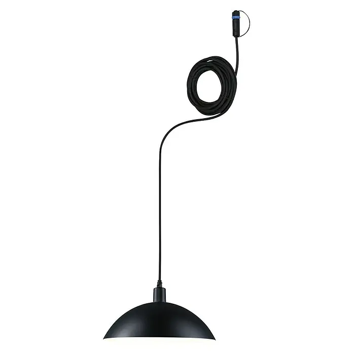 Paulmann Plug & Shine LED-Pendelleuchte Mapalo - Ø x H: 30 x 510 cm, Warmweiß, Anthrazit - Eine schwarze Hängelampe mit Kabelaufwicklung und blauem Stecker am oberen Ende. Stilvolles Design für modernes Ambiente.
