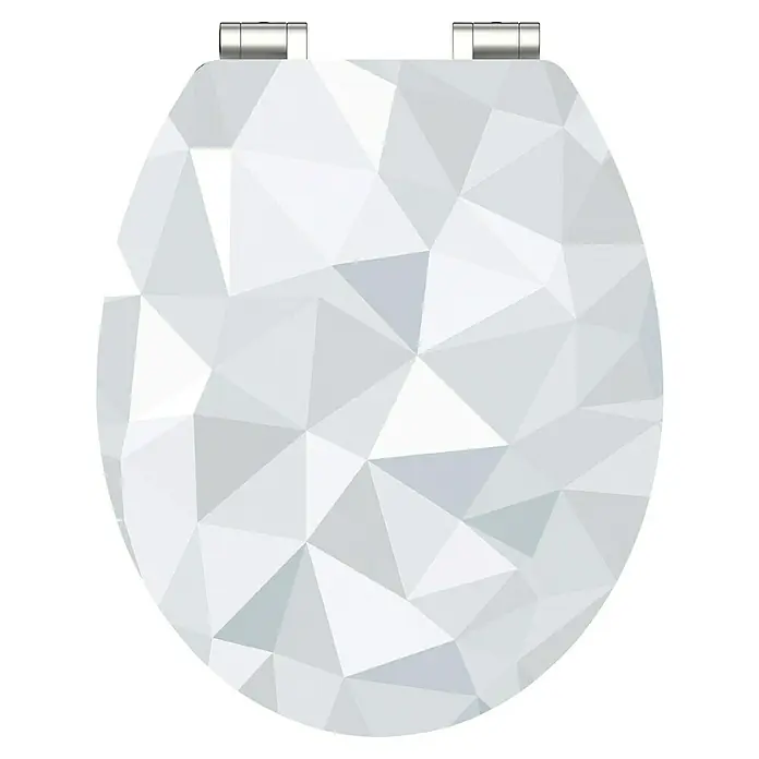 Schütte WC-Sitz Diamond - MDF, Weiß/Grau, Mit Absenkautomatik - Abstrakte Darstellung eines runden Produkts mit polygonalem Muster, verbunden mit silbernen Elementen für stilvolles Design.