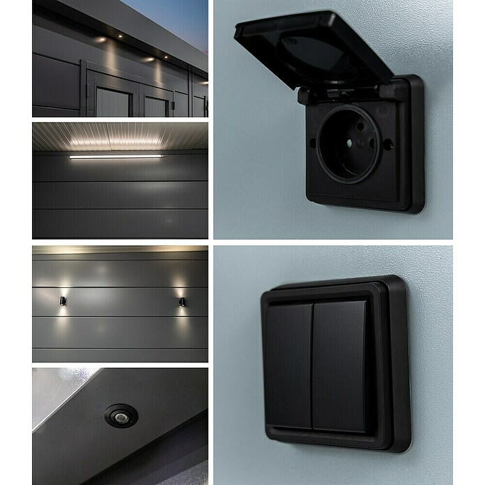 Telluria Metallgerätehaus Classico 3030 mit Lounge L rechts inkl. 2 Fenster und Elektro-Set (Außenmaß inkl. Dachüberstand (B x T): 662 x 318 cm, Stahl, Lichtgrau/Anthrazit, Inkl. Innenwandverkleidung & Elektro-Set) | BAUHAUS