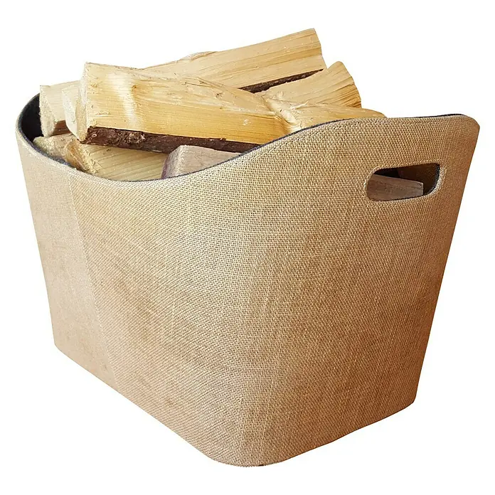 Lienbacher Cesto de fieltro - 55 x 40 x 35 cm, Beige/Gris - Cesta llena de leña. La cesta está hecha de tela de color claro y tiene asas en los laterales, llena de madera seca.