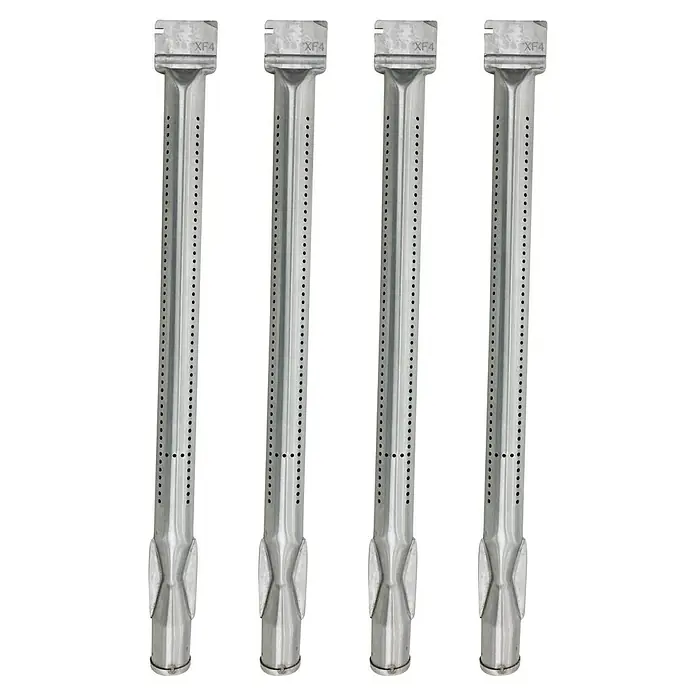 Ersatzbrenner - 4 Stk., Passend für: Kingstone Gasgrills Cliff - Vier silberfarbene Gasbrenner mit Löchern zur Gasverteilung und der Aufschrift "XF4" oben auf jedem Brenner.