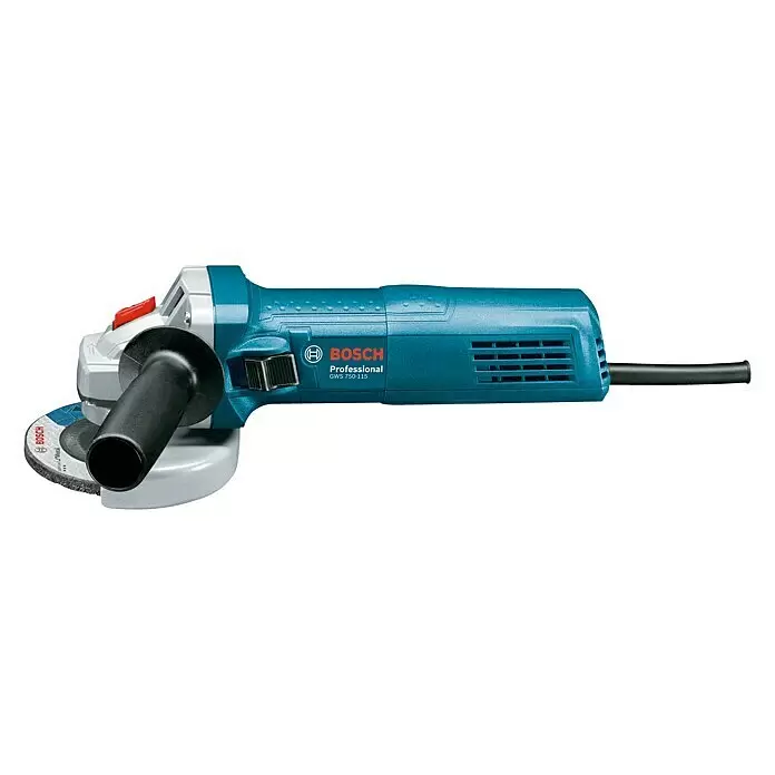 Bosch Professional Amoladora angular eléctrica GWS 750 - 115 mm, Número de revoluciones de marcha en vacío: 11.000 r.p.m. - Amoladora angular Bosch Professional GWS 750-115 azul/turquesa y plata/gris, con empuñadura lateral negra y disco de desbaste.