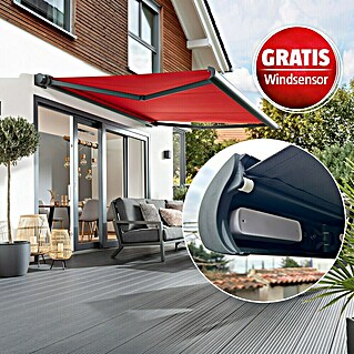 Sunfun Vollkassettenmarkise Elba + Gratis Windsensor (Rot, Farbe Gestell: Anthrazitgrau, Breite: 5 m, Ausfall: 3,5 m)