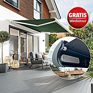 Sunfun Vollkassettenmarkise Elba + Gratis Windsensor (Grün, Farbe Gestell: Verkehrsweiß, Breite: 5 m, Ausfall: 3,5 m)