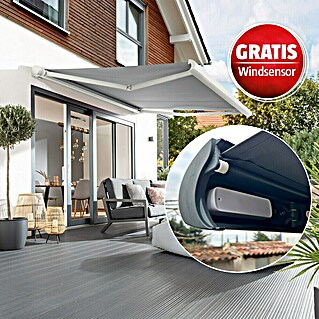 Sunfun Vollkassettenmarkise Elba + Gratis Windsensor (Grau, Farbe Gestell: Verkehrsweiß, Breite: 3,5 m, Ausfall: 3 m)