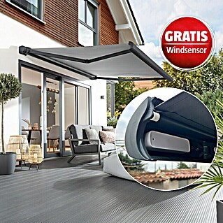Sunfun Vollkassettenmarkise Elba + Gratis Windsensor (Grau, Farbe Gestell: Anthrazitgrau, Breite: 4 m, Ausfall: 3,5 m)