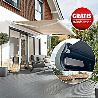 Sunfun Vollkassettenmarkise Elba + Gratis Windsensor (Beige, Farbe Gestell: Verkehrsweiß, Breite: 3,5 m, Ausfall: 3 m)