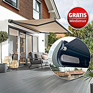 Sunfun Vollkassettenmarkise Elba + Gratis Windsensor (Beige, Farbe Gestell: Anthrazitgrau, Breite: 4 m, Ausfall: 3,5 m)
