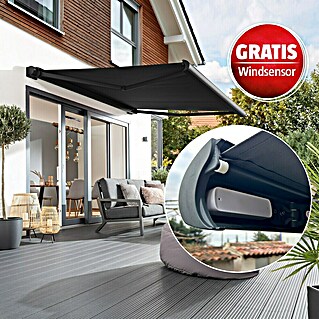 Sunfun Vollkassettenmarkise Elba + Gratis Windsensor (Schwarz, Farbe Gestell: Tiefschwarz, Breite: 5 m, Ausfall: 3,5 m)