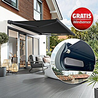 Sunfun Vollkassettenmarkise Elba + Gratis Windsensor (Schwarz, Farbe Gestell: Anthrazitgrau, Breite: 4 m, Ausfall: 3,5 m)