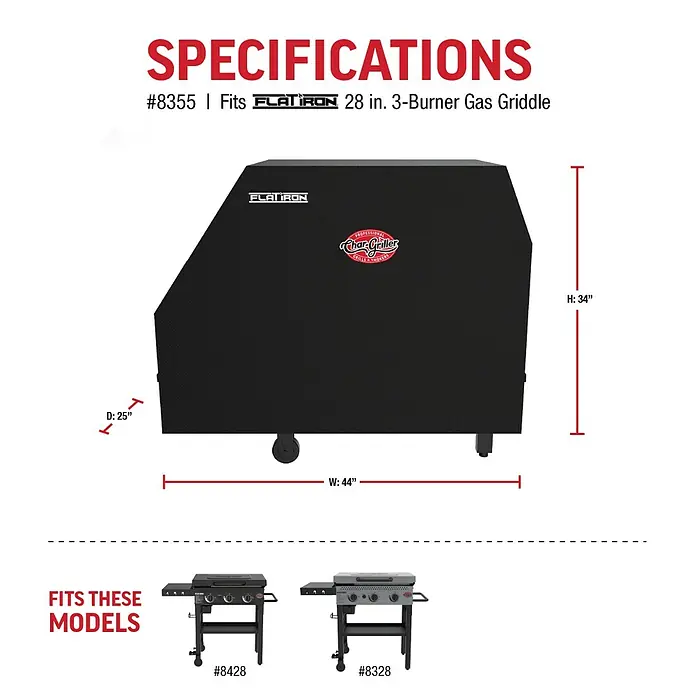 Char-Griller Grill-Schutzhülle - Passend für: Flat Iron 3-Burner Gas Griddle - Schwarze Grillabdeckung mit Char-Griller und Flatiron Logos, Maße: B: 44", T: 25", H: 34". Passt auf 28-Zoll-3-Brenner-Gasgrills.