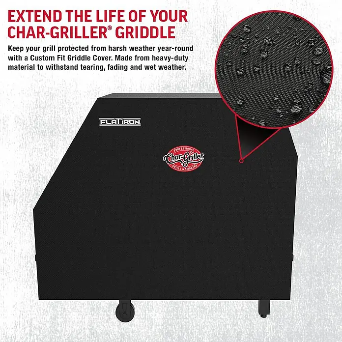 Char-Griller Grill-Schutzhülle - Passend für: Flat Iron 3-Burner Gas Griddle - Schwarze, robuste Char-Griller Abdeckplane mit Wassertropfen auf der Oberfläche, zum Wetterschutz.