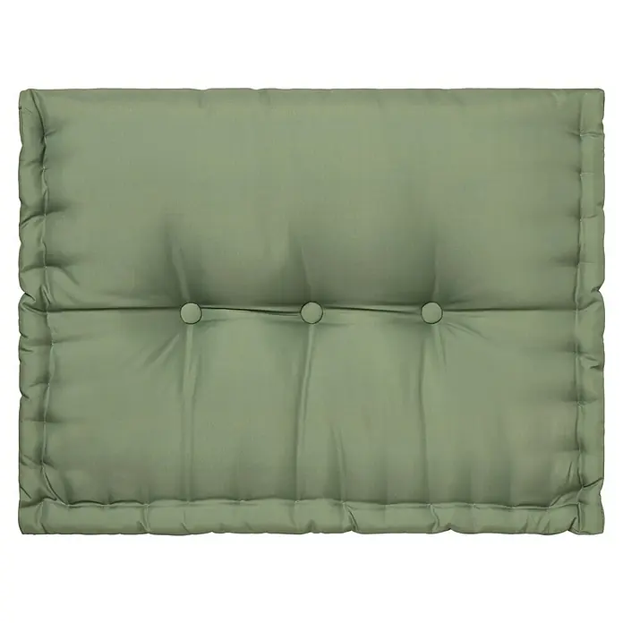 Cojín para respaldo de palet water resist - 60 x 40 x 10 cm, Verde - Primer plano de un cojín rectangular verde con tres botones y bordes acolchados. Perfecto para sentarse cómodamente y relajarse.
