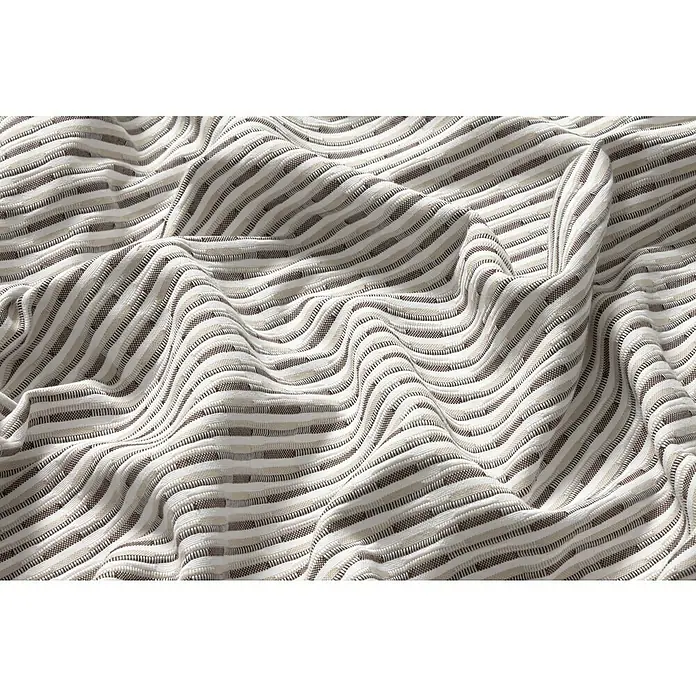 Manta para sofá Jacquard - Textil, Natural - Primer plano de una tela a rayas beige y marrón. El textil está ondulado, revelando una textura detallada del material tejido.