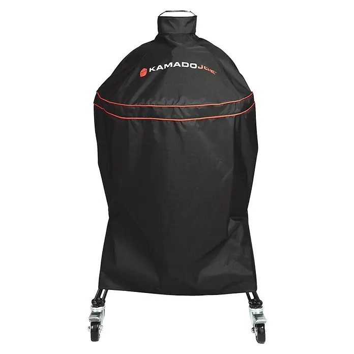 Kamado Joe Funda protectora para barbacoa - Específico para: Barbacoa de carbón Kamado Joe Classic - Funda negra Kamado Joe para parrilla con ribete rojo sobre soporte con ruedas.