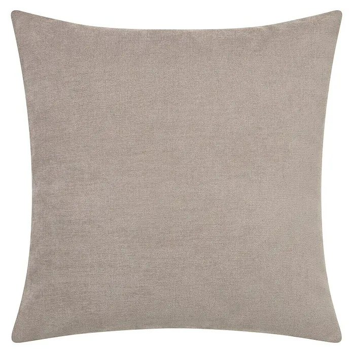 Cojín Chenilla - 45 x 45 cm, Poliéster, Taupe, Cuadrado - Primer plano de un cojín cuadrado de diseño sencillo y color beige. El cojín tiene una superficie textil.
