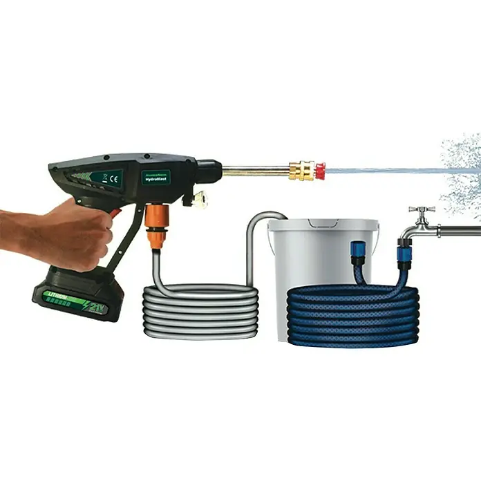 Hidrolimpiadora de alta presión de batería Hydroblast - 9,5 bar, 21 V, Capacidad de bombeo: 210 l/h - Ilustración de una hidrolimpiadora portátil inalámbrica con accesorios para diversas fuentes de agua.