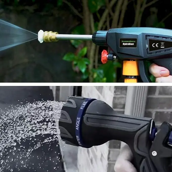 Hidrolimpiadora de alta presión de batería Hydroblast - 9,5 bar, 21 V, Capacidad de bombeo: 210 l/h - La imagen muestra dos pistolas rociadoras diferentes: una HammerSmith HydroBlast y otra ajustable.