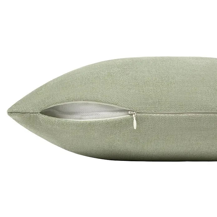 Cojín Chenilla - 45 x 45 cm, Poliéster, Verde, Cuadrado - Primer plano de un cojín verde con una cremallera práctica, ideal para un cuidado y limpieza fáciles.