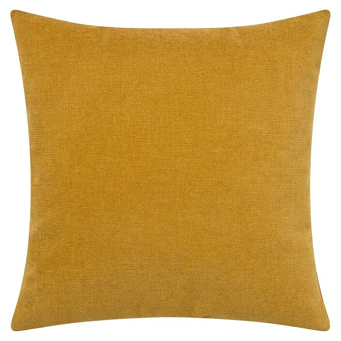 Cojín Chenilla - 45 x 45 cm, Poliéster, Mostaza, Cuadrado - Primer plano de un cojín cuadrado de color ocre con una textura que recuerda al lino, ideal para una decoración acogedora.