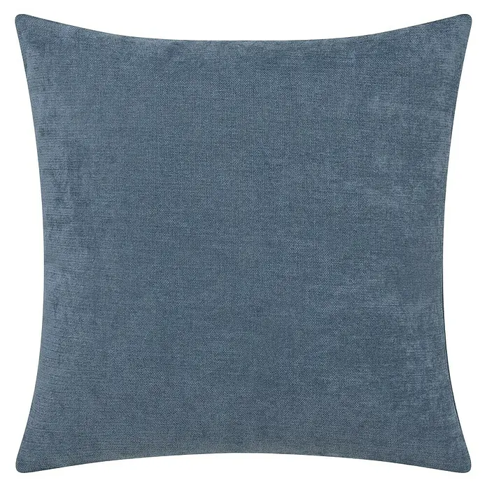 Cojín Chenilla - 45 x 45 cm, Poliéster, Tejano, Cuadrado - Primer plano de un cojín cuadrado en un tono azul apagado con un sutil patrón de textura tejida, perfecto para detalles de decoración del hogar.