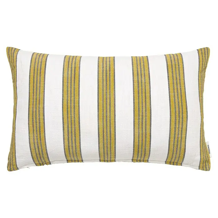 Cojín Rayas Elda - 50 x 30 cm, Textil, Lima, Rectangular - Cojín decorativo con rayas blancas y doradas con finas líneas grises. El cojín es rectangular y tiene una textura notable.